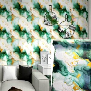 Papier peint imitation vinyle imitation marbre-Vert blanc-Or
